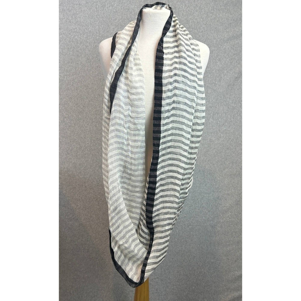 Halogen Infinity Wrap Scarf Black White Striped Linen Blend Neutral Lightweight